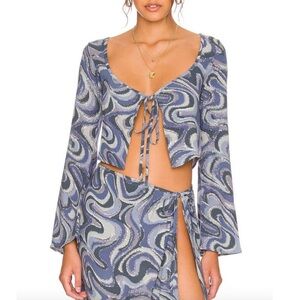 INDAH Margo Mini Skirt in Imagine Blue Purple Silver Swirl Patterned Swim Sarong